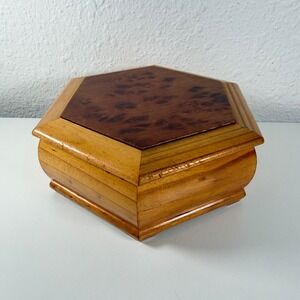 Vintage Hexagon Wood Jewelry Box with Mirror | Burl Wood Lid Ring Organizer |